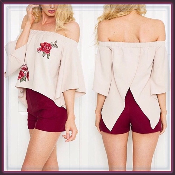 Off Shoulder Split Back Ruffled Sleeve Rose Floral Embroidered Blouse - Picture 6 of 8